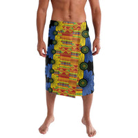 Colorful kitenge print lavalava skirt with blue and yellow floral panels, black waistband