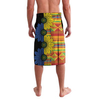 Kitenge print lavalava skirt with blue flower and yellow stripe pattern, black waistband