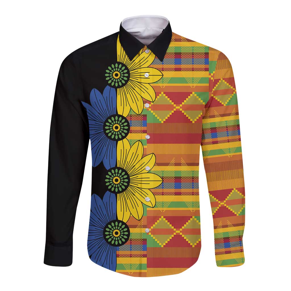 Unisex long sleeve button shirt with black base, colorful patchwork and floral print