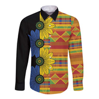 Unisex long sleeve button shirt with black base, colorful patchwork and floral print