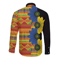Unisex long sleeve button shirt, back view; black sleeves with multicolor plaid floral print