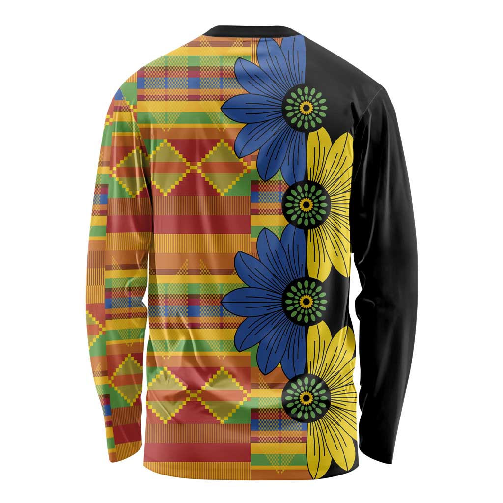 Long-sleeve kitenge shirt, black back with multicolor floral patchwork print