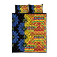 Black kitenge quilt bed set, multicolor floral and plaid geometric patchwork with two pillows
