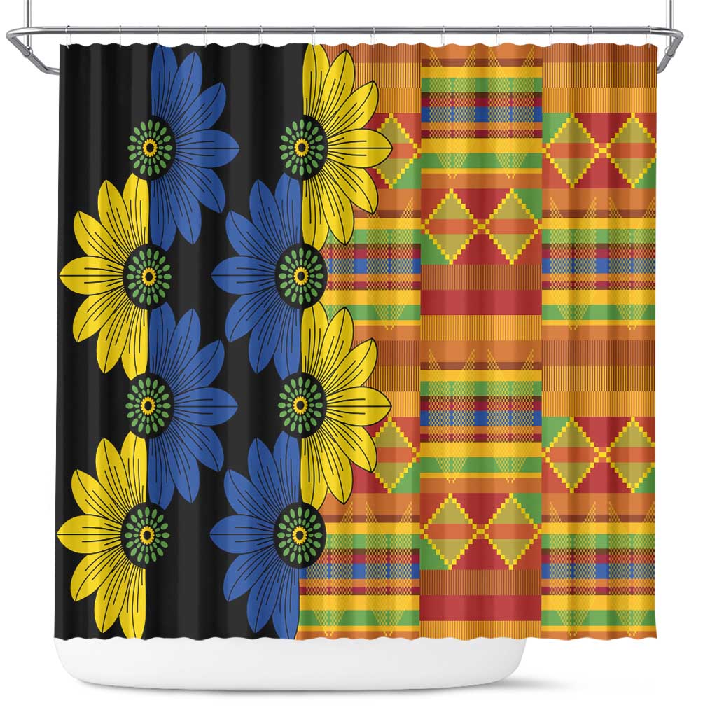 African kitenge ankara shower curtain, black with blue/yellow floral print and multicolor patchwork