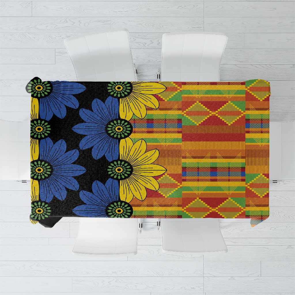 Kitenge-style tablecloth with navy floral and multicolor geometric patchwork