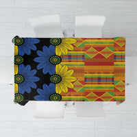 Kitenge-style tablecloth with navy floral and multicolor geometric patchwork