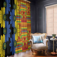 Window curtain panels with black floral print on the left and orange geometric plaid on the right