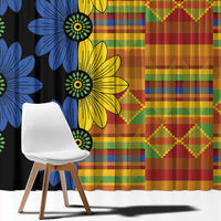 Black window curtain panel with large blue and yellow floral medallion print