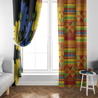 Two window curtain panels: black floral pattern and orange geometric diamond plaid