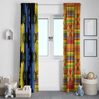 Window curtain panels in pairs: left black with blue/yellow flowers, right orange with plaid