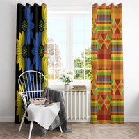 Two hanging window curtain panels with metal rings: black floral print and orange geometric plaid