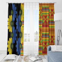 Window curtain set with two panels: black floral on left and orange geometric plaid on right