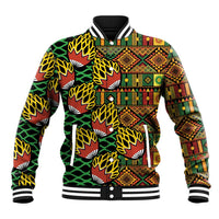 Unisex black baseball jacket with African geometric print, snap button front, ribbed collar