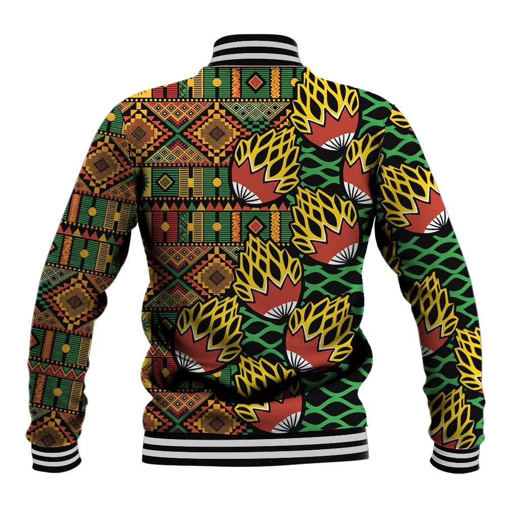 Unisex black baseball jacket back with geometric tribal blocks and leaf motifs, ribbed hem