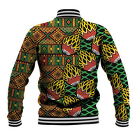Unisex black baseball jacket back with geometric tribal blocks and leaf motifs, ribbed hem