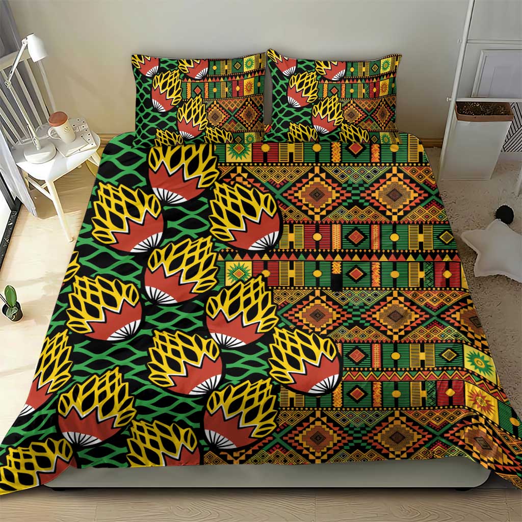 Kanga bedding set with two matching pillow shams and green, orange, yellow tribal motifs