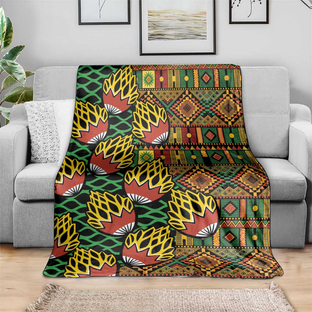 Multicolor patterned kanga blanket with geometric stripes, diamonds, and fan shapes