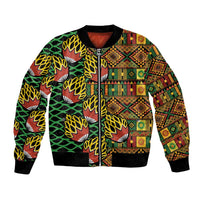 Dark bomber jacket with colorful geometric kanga pattern, front zipper and ribbed cuffs