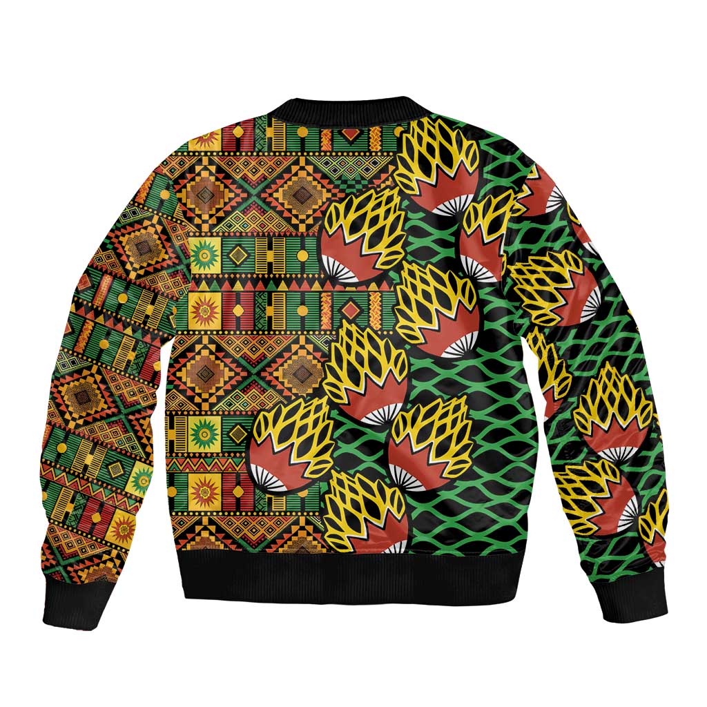 Dark bomber jacket with colorful geometric kanga pattern, ribbed hem and full back print