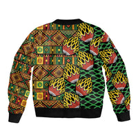 Dark bomber jacket with colorful geometric kanga pattern, ribbed hem and full back print