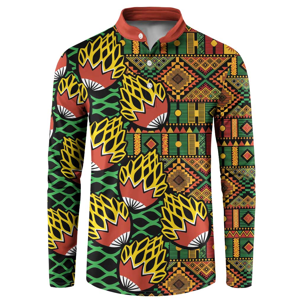 Men's button-front sweatshirt with tribal geometric kanga print, red collar