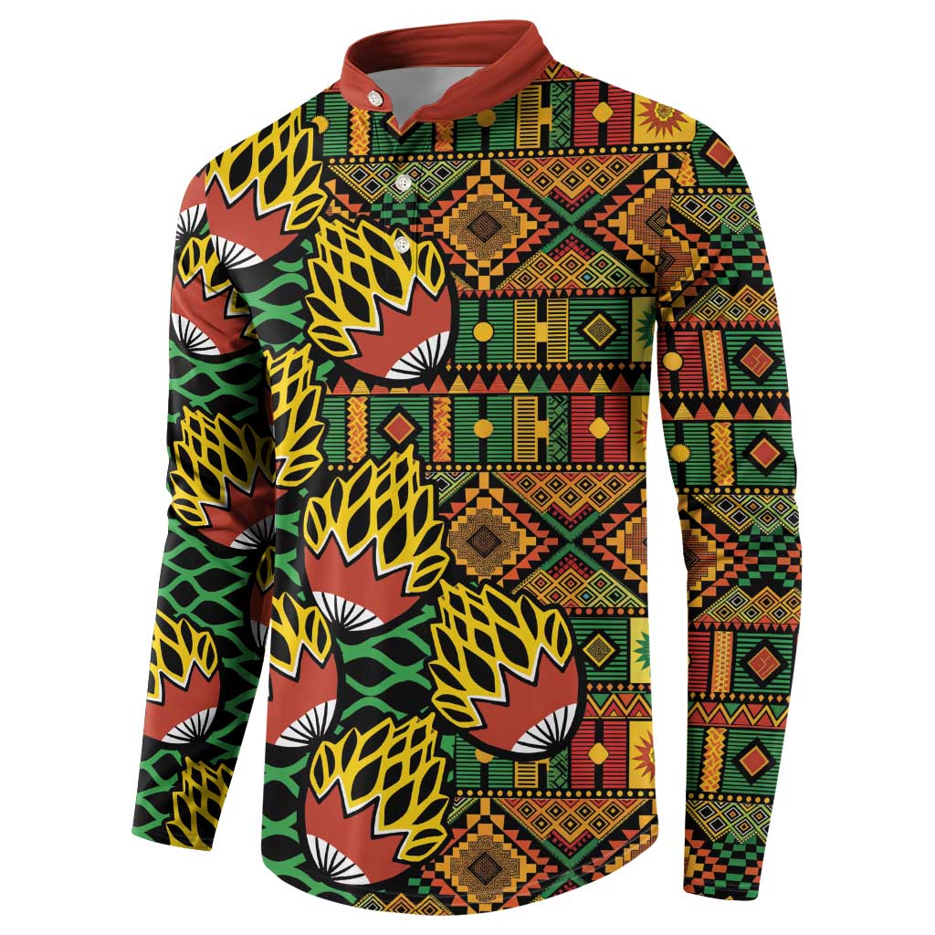 Men's button-front sweatshirt with tribal geometric kanga print, red trim placket