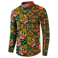 Men's button-front sweatshirt with tribal geometric kanga print, red trim placket