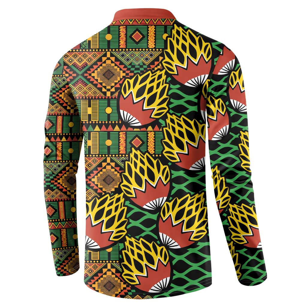 Men's button-front sweatshirt with tribal geometric kanga print, full back view