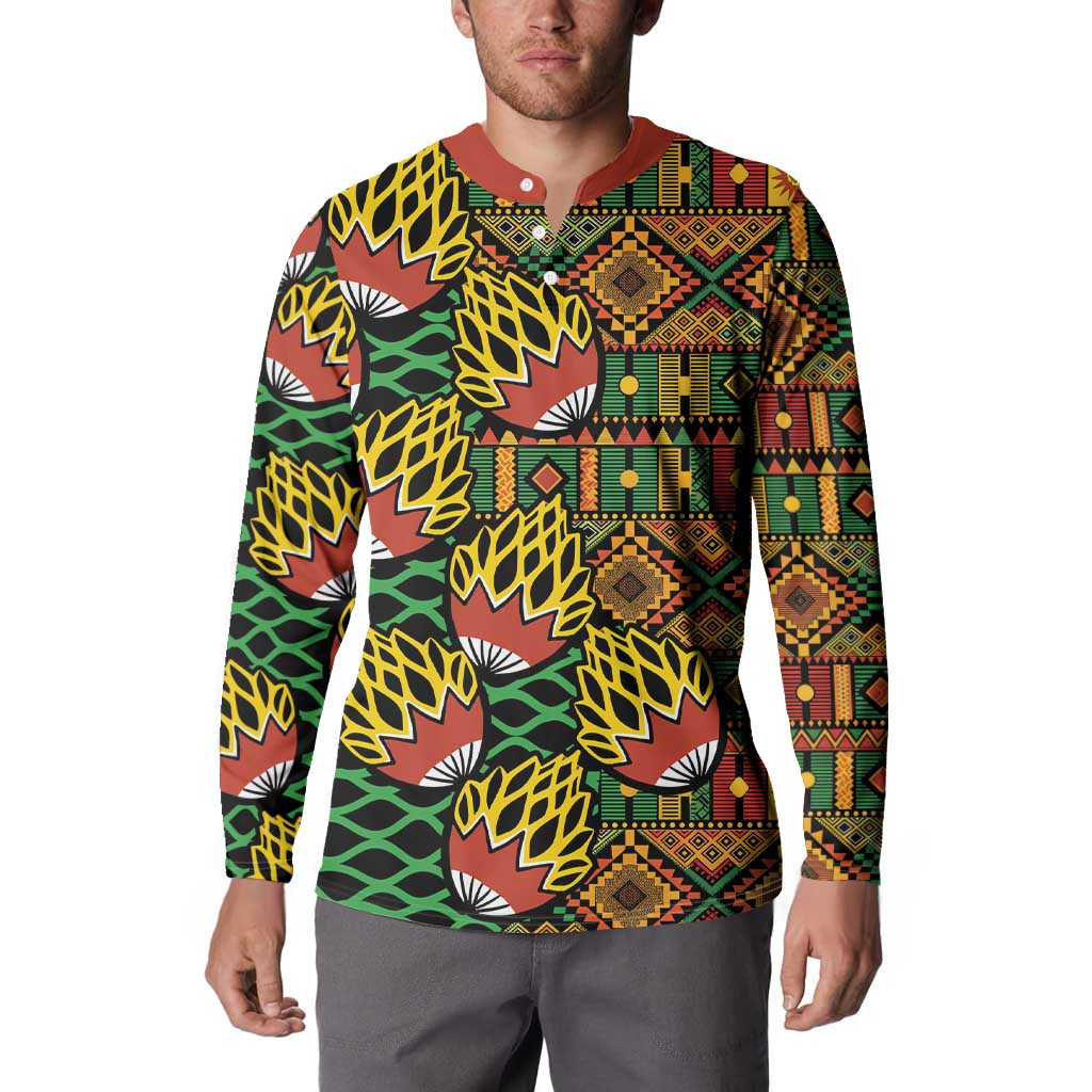 Men's button-front sweatshirt with tribal geometric kanga print, front on model