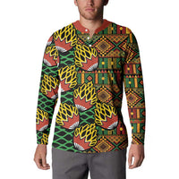 Men's button-front sweatshirt with tribal geometric kanga print, front on model