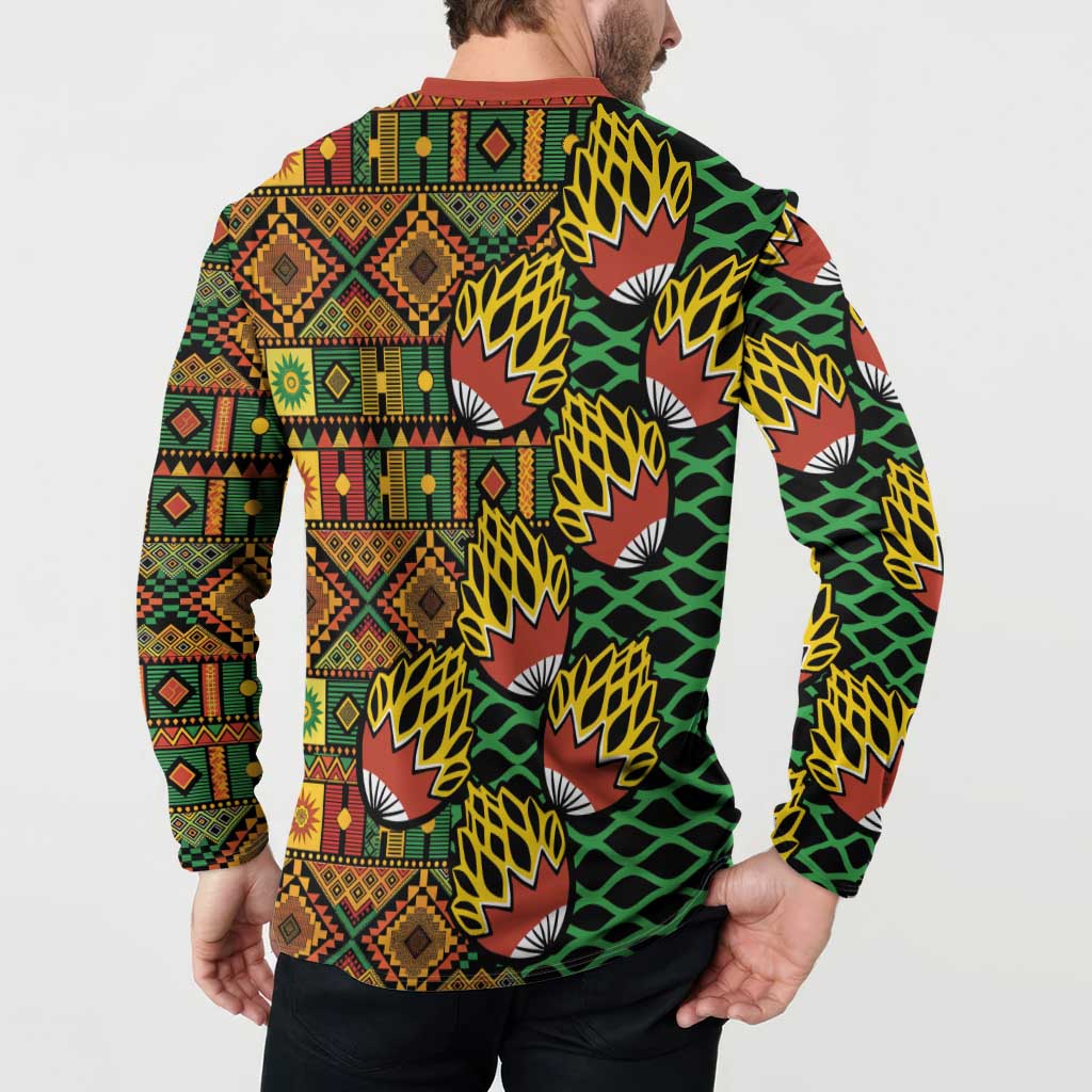 Men's button-front sweatshirt with tribal geometric kanga print, back view