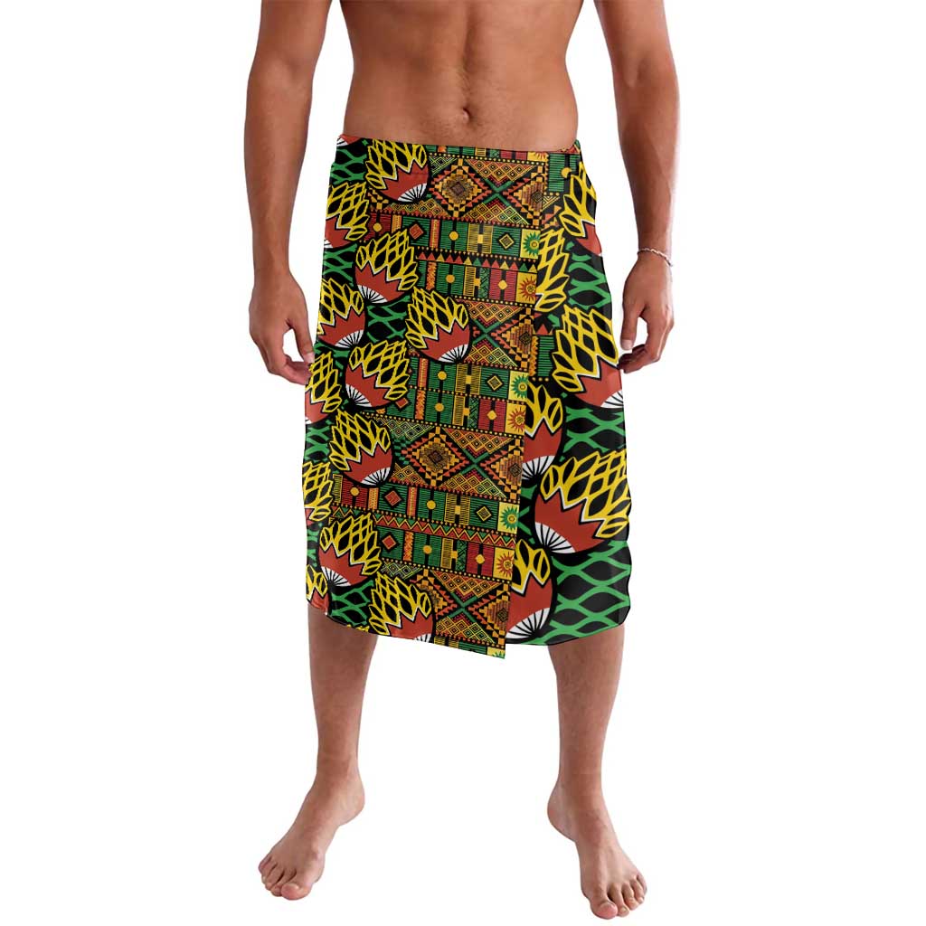 Knee-length lavalava wrap skirt with black base, green yellow red geometric kanga pattern