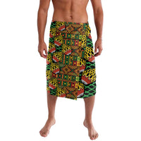 Knee-length lavalava wrap skirt with black base, green yellow red geometric kanga pattern