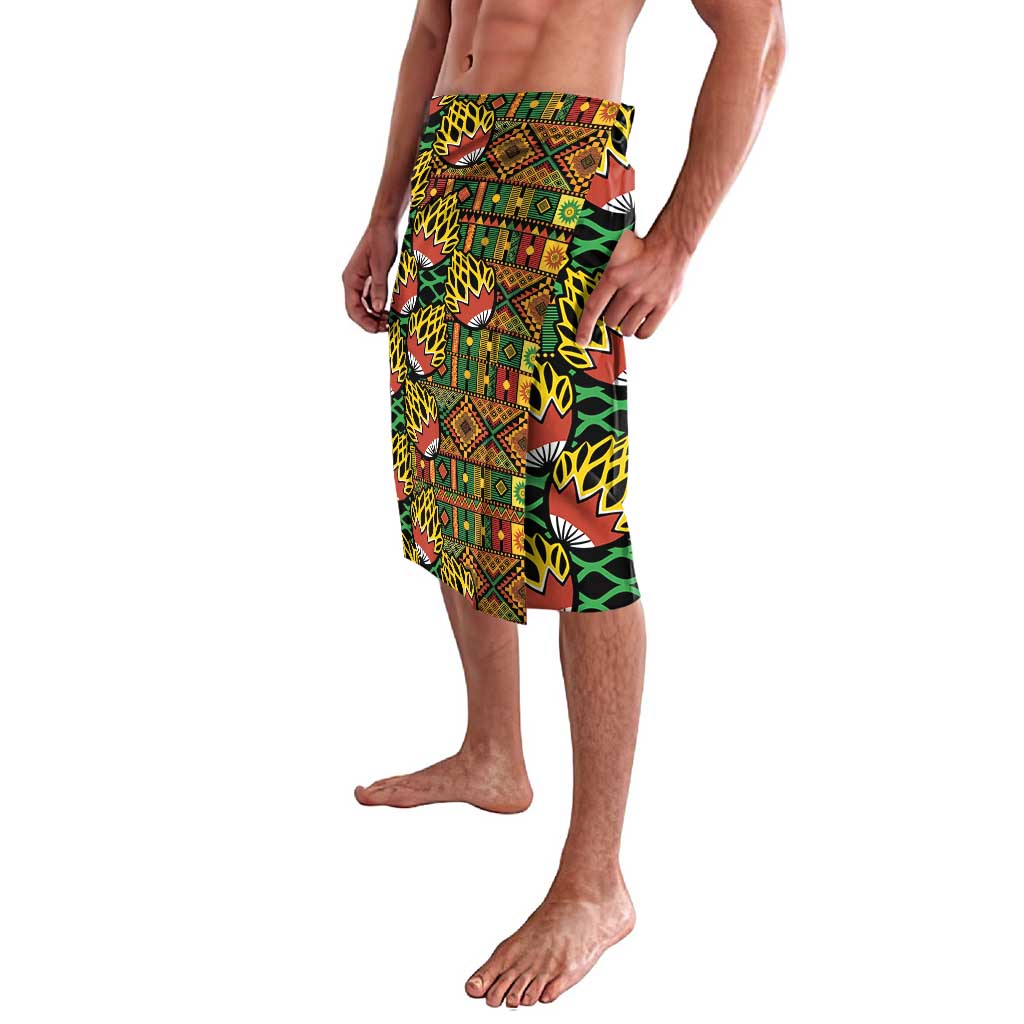 Knee-length lavalava wrap skirt in black with green yellow red geometric kanga pattern, side seam