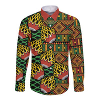 Long-sleeve button shirt with green/red/yellow geometric tribal print and button collar