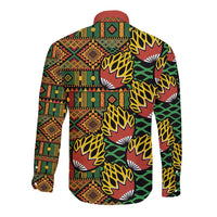 Long-sleeve button shirt, back view, green/red/yellow geometric tribal print