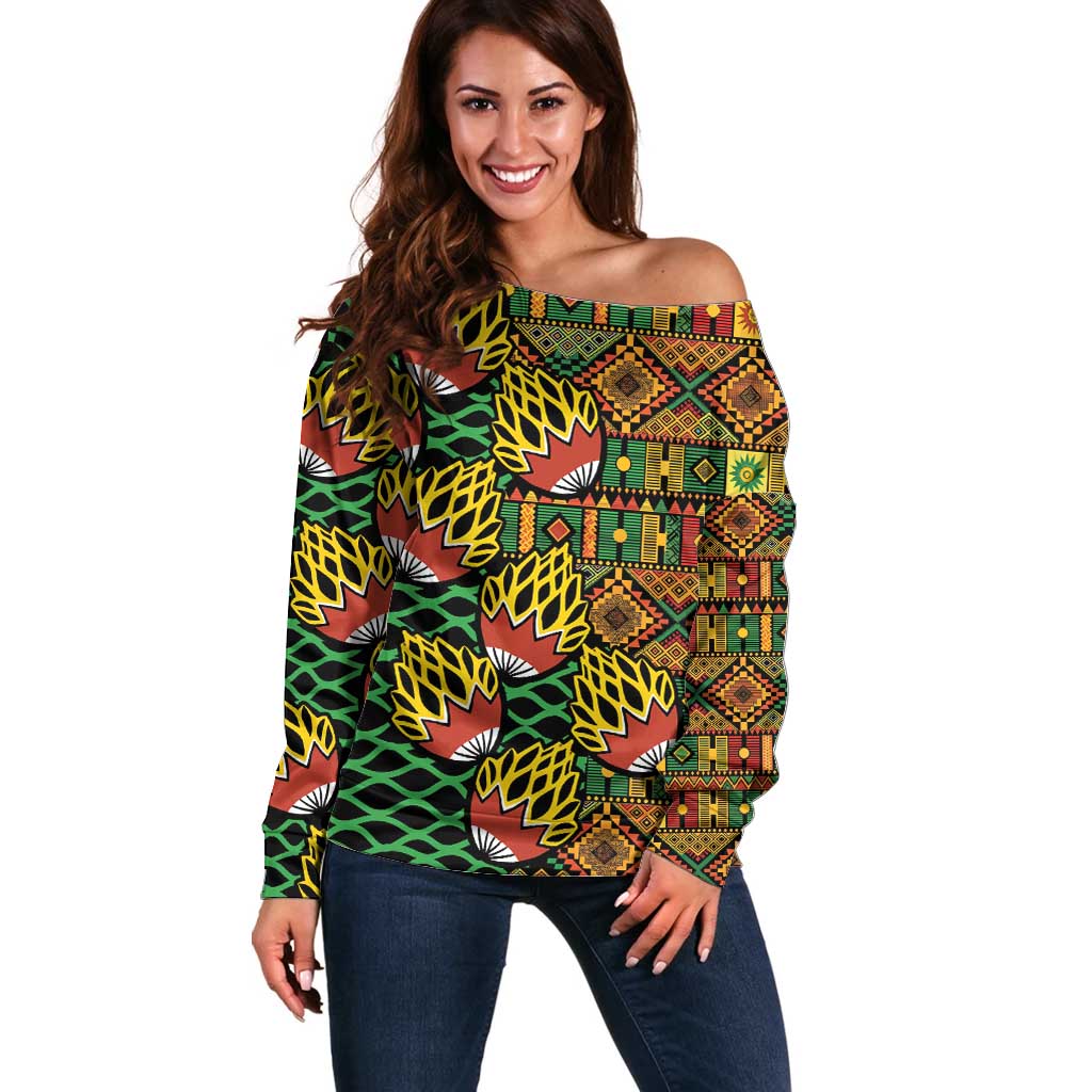 African Tribal Geometric Mixed Kanga Pattern Off Shoulder Sweater