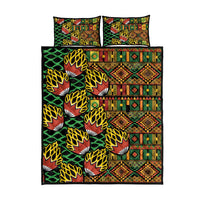 Queen quilt bed set: black base with green, yellow, red geometric pattern and 2 pillowcases