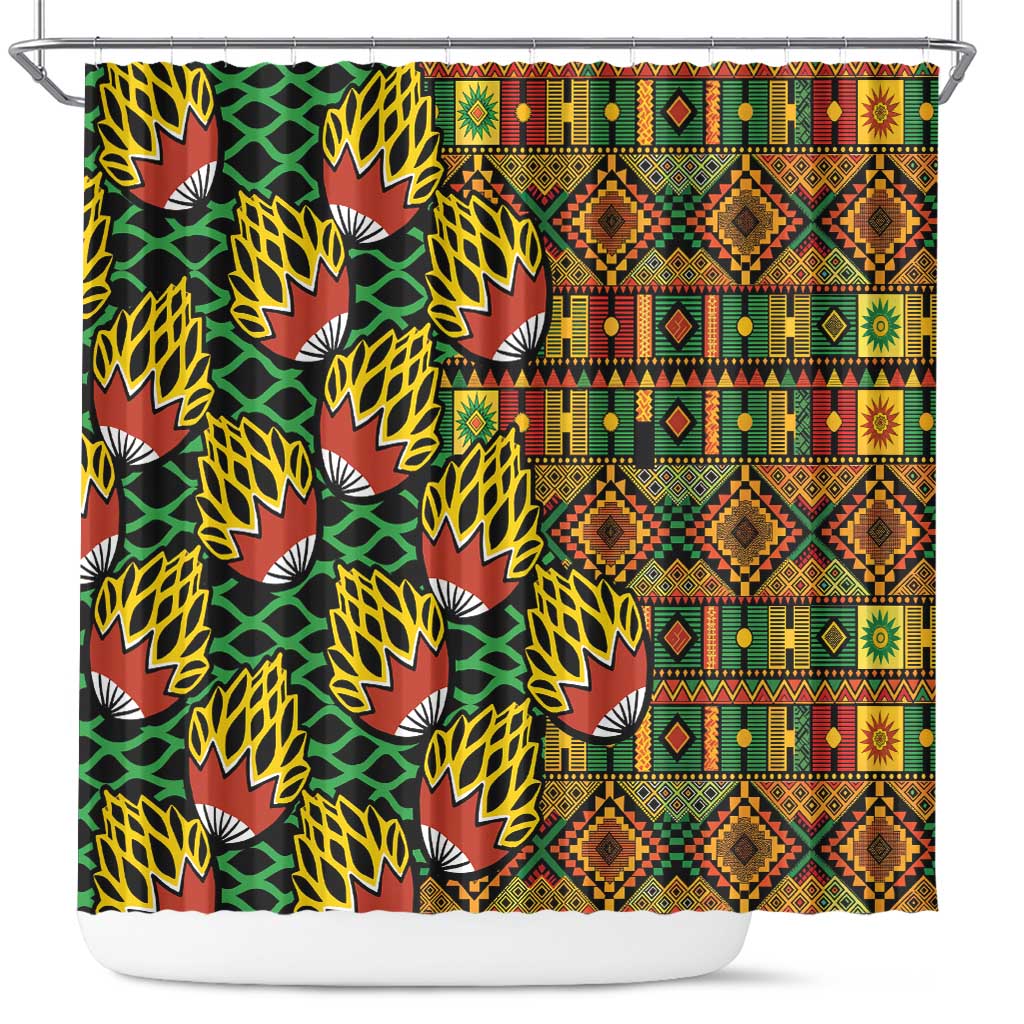 Geometric kanga-style shower curtain with bold green, red, yellow woven patterns