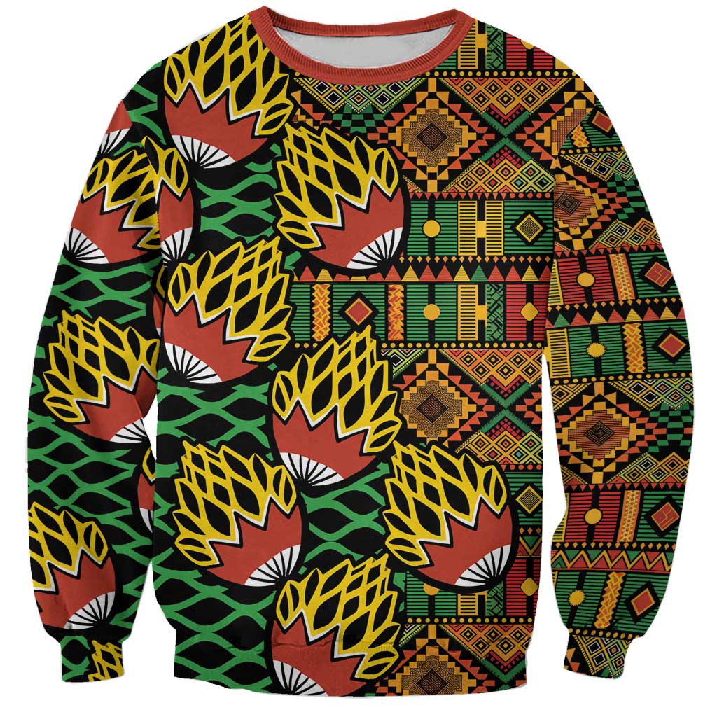 Unisex crewneck sweatshirt in bold African geometric kanga-style print, long sleeves.