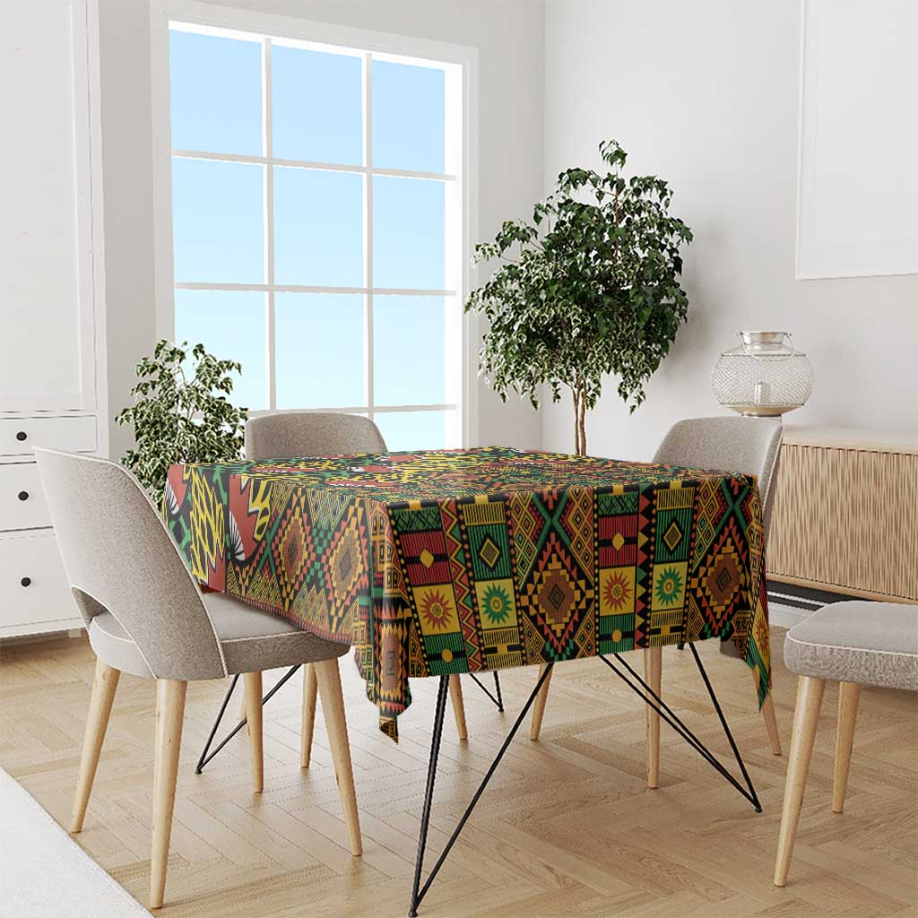 African tribal kanga tablecloth draped over dining table, colorful geometric blocks