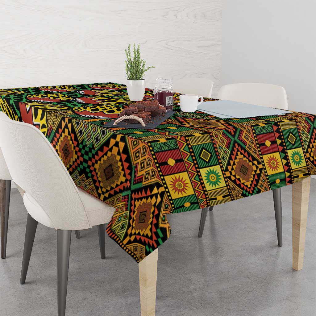 African tribal geometric kanga tablecloth with vivid green, yellow, and red pattern
