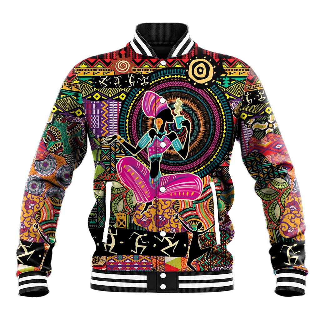 Men's black varsity baseball jacket with colorful African motif art and striped rib trim