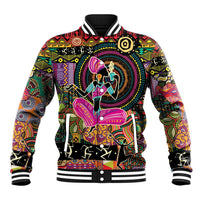 Men's black varsity baseball jacket with colorful African motif art and striped rib trim