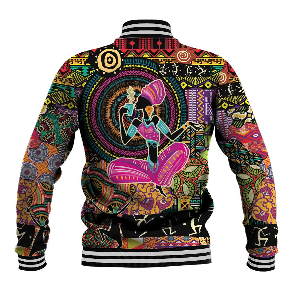 Black varsity baseball jacket with colorful African motif graphic on back and ribbed cuffs