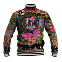 Black varsity baseball jacket with colorful African motif graphic on back and ribbed cuffs