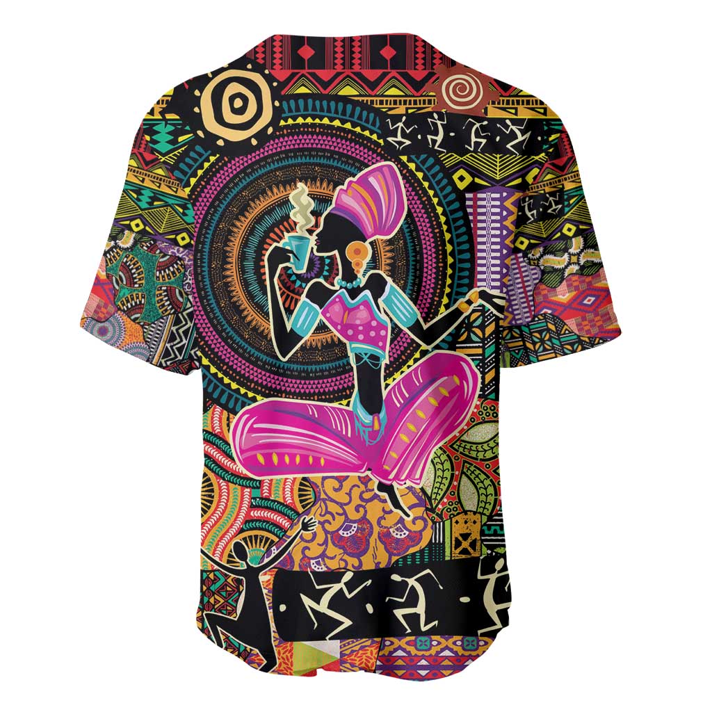 Black baseball jersey with circular African dancer graphic and colorful tribal patterns