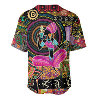 Black baseball jersey with circular African dancer graphic and colorful tribal patterns