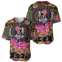 Pair of black baseball jerseys showing front and back with colorful African dancer motifs