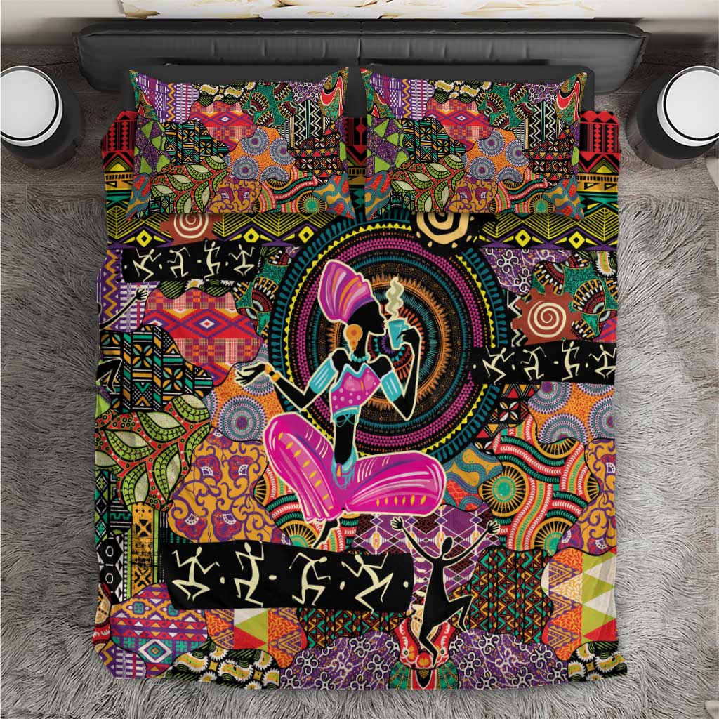 Bedding set with multicolor tribal motifs and central dancer silhouette on dark background